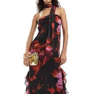 Miss Selfridge chiffon bandeau maxi dress with scarf in floral